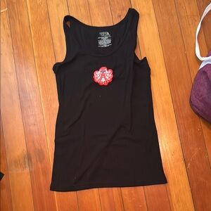 Time and Tru Black Tank Top with Red Floral Accent